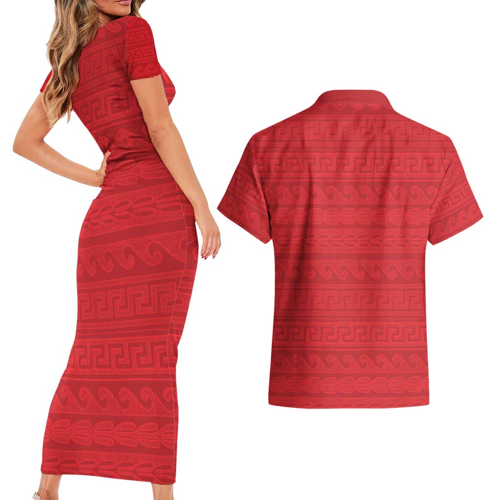 Vergina Sun Macedonia Couples Matching Short Sleeve Bodycon Dress and Hawaiian Shirt Greek Pattern Red - Wonder Print Shop