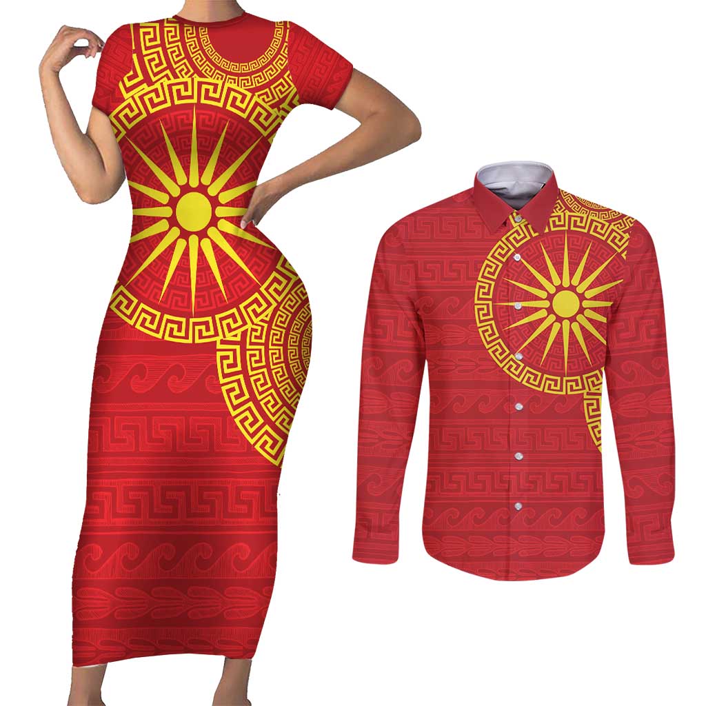 Vergina Sun Macedonia Couples Matching Short Sleeve Bodycon Dress and Long Sleeve Button Shirt Greek Pattern Red - Wonder Print Shop