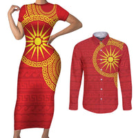 Vergina Sun Macedonia Couples Matching Short Sleeve Bodycon Dress and Long Sleeve Button Shirt Greek Pattern Red - Wonder Print Shop
