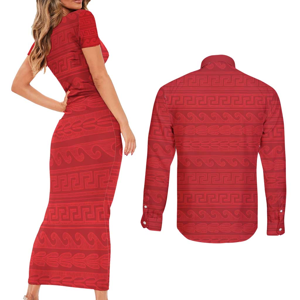 Vergina Sun Macedonia Couples Matching Short Sleeve Bodycon Dress and Long Sleeve Button Shirt Greek Pattern Red - Wonder Print Shop