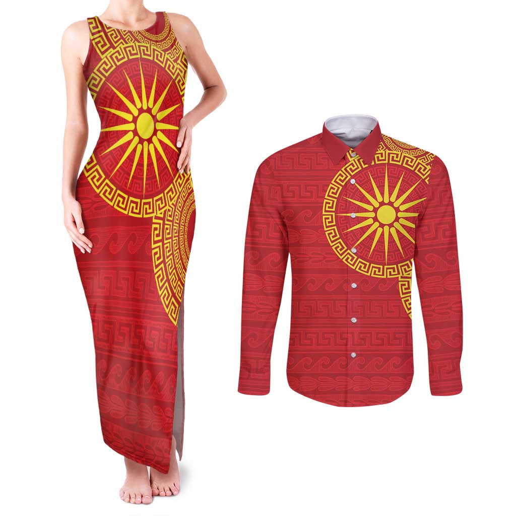 Vergina Sun Macedonia Couples Matching Tank Maxi Dress and Long Sleeve Button Shirt Greek Pattern Red - Wonder Print Shop