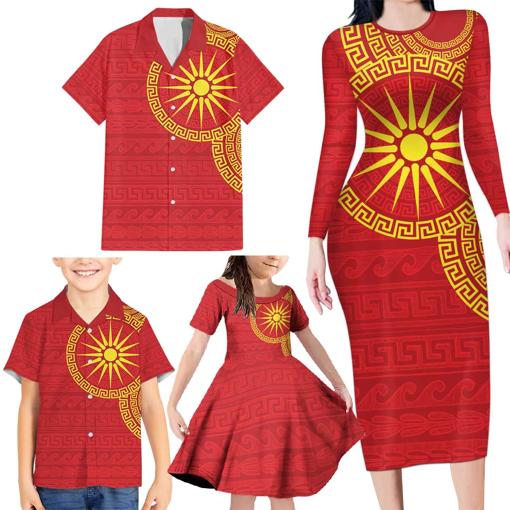 Vergina Sun Macedonia Family Matching Long Sleeve Bodycon Dress and Hawaiian Shirt Greek Pattern Red - Wonder Print Shop