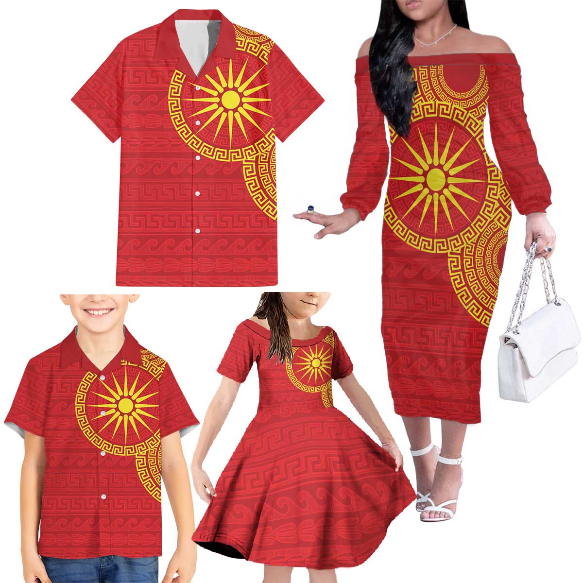 Vergina Sun Macedonia Family Matching Off The Shoulder Long Sleeve Dress and Hawaiian Shirt Greek Pattern Red - Wonder Print Shop