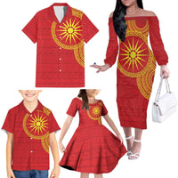 Vergina Sun Macedonia Family Matching Off The Shoulder Long Sleeve Dress and Hawaiian Shirt Greek Pattern Red - Wonder Print Shop