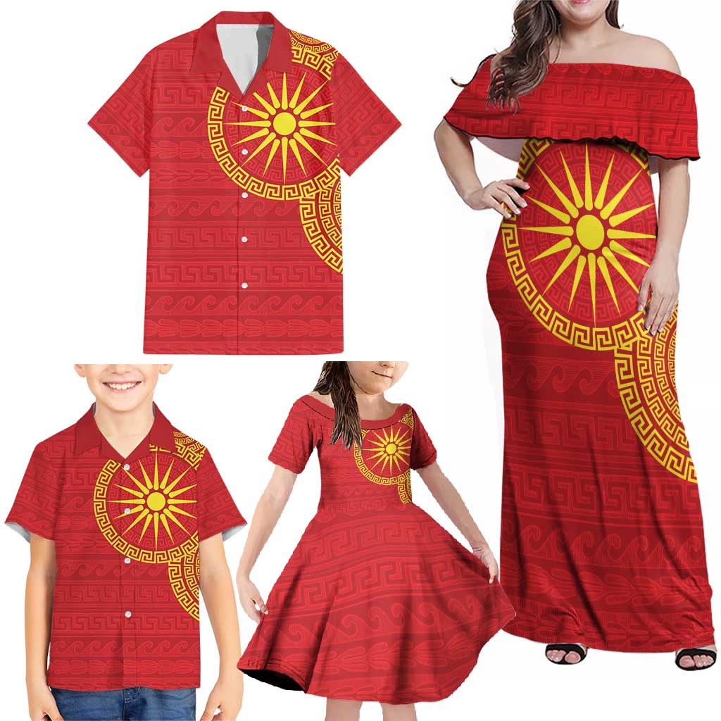 Vergina Sun Macedonia Family Matching Off Shoulder Maxi Dress and Hawaiian Shirt Greek Pattern Red - Wonder Print Shop