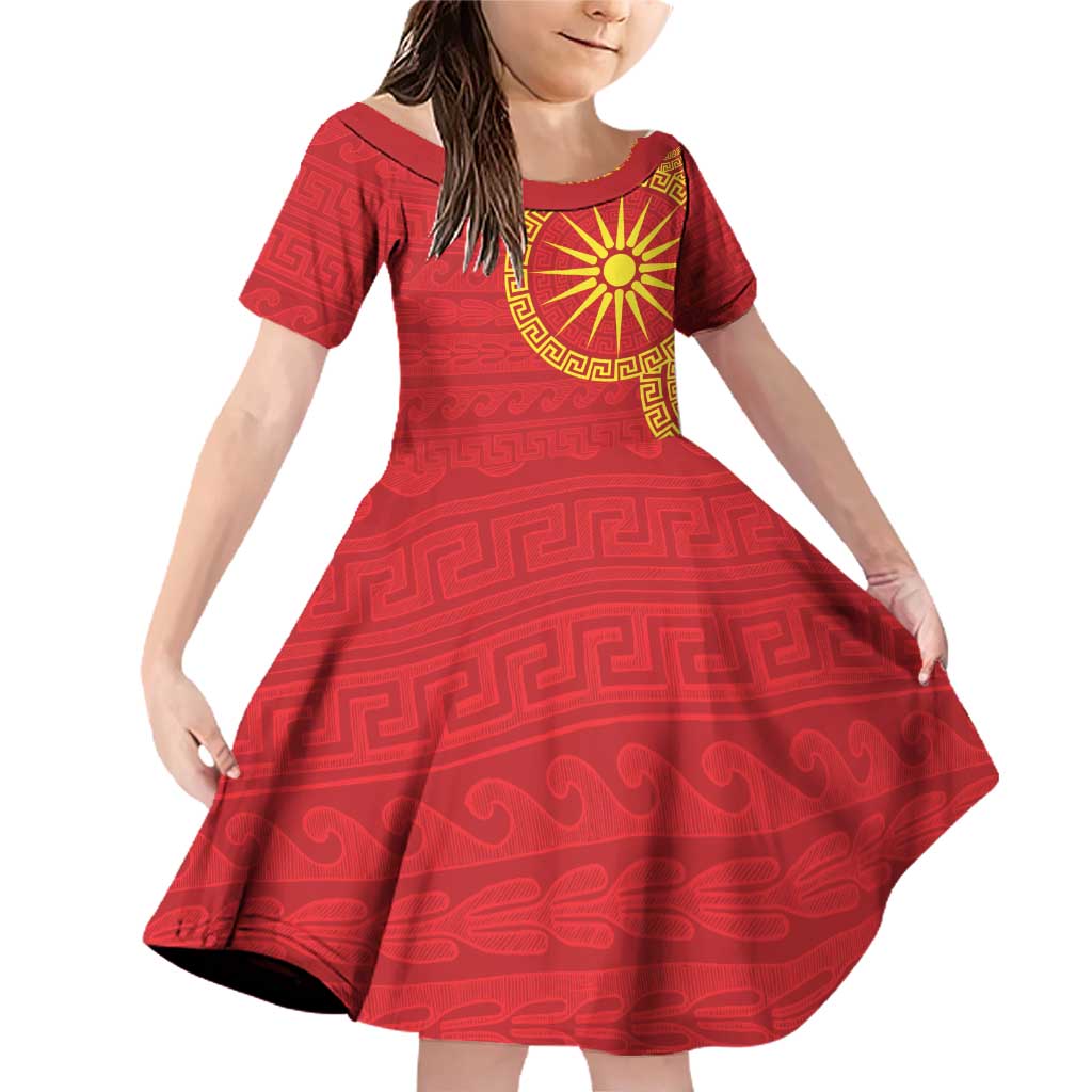 Vergina Sun Macedonia Family Matching Off Shoulder Short Dress and Hawaiian Shirt Greek Pattern Red - Wonder Print Shop
