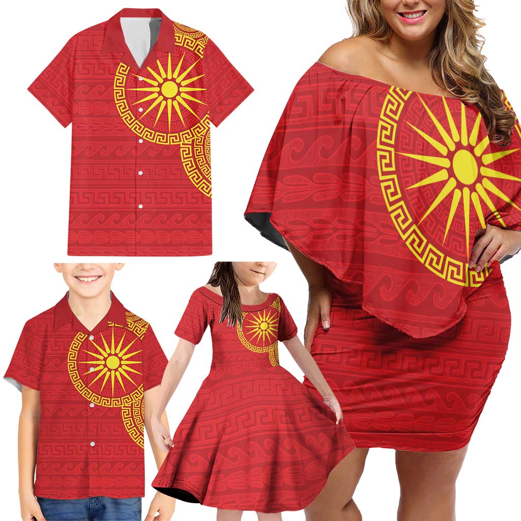 Vergina Sun Macedonia Family Matching Off Shoulder Short Dress and Hawaiian Shirt Greek Pattern Red - Wonder Print Shop
