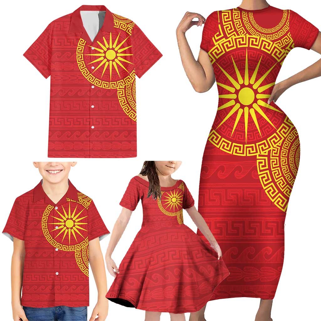Vergina Sun Macedonia Family Matching Short Sleeve Bodycon Dress and Hawaiian Shirt Greek Pattern Red - Wonder Print Shop
