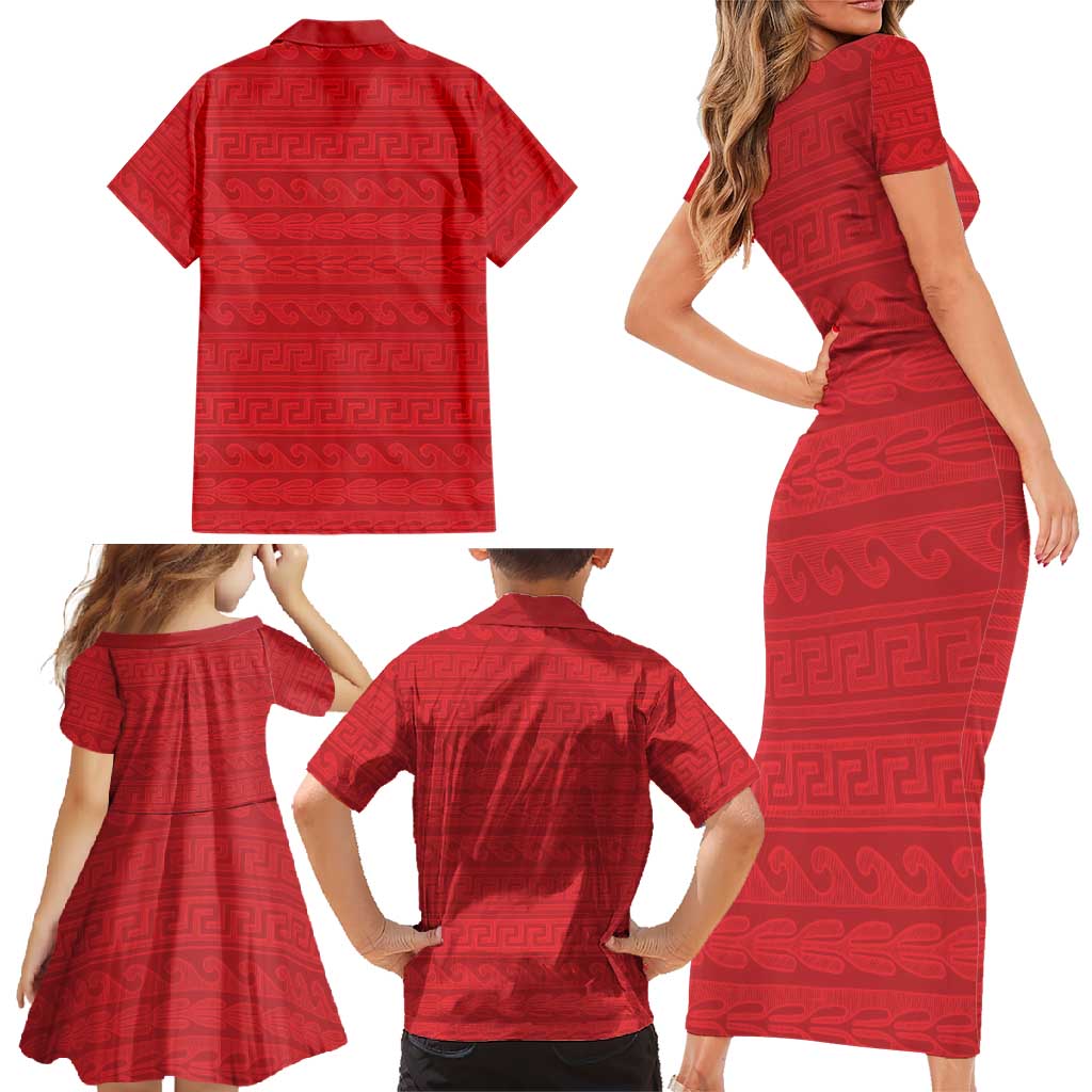 Vergina Sun Macedonia Family Matching Short Sleeve Bodycon Dress and Hawaiian Shirt Greek Pattern Red - Wonder Print Shop