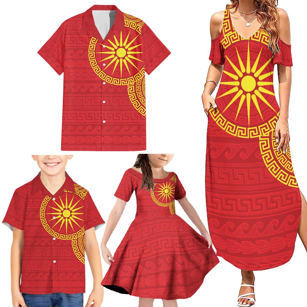 Vergina Sun Macedonia Family Matching Summer Maxi Dress and Hawaiian Shirt Greek Pattern Red - Wonder Print Shop