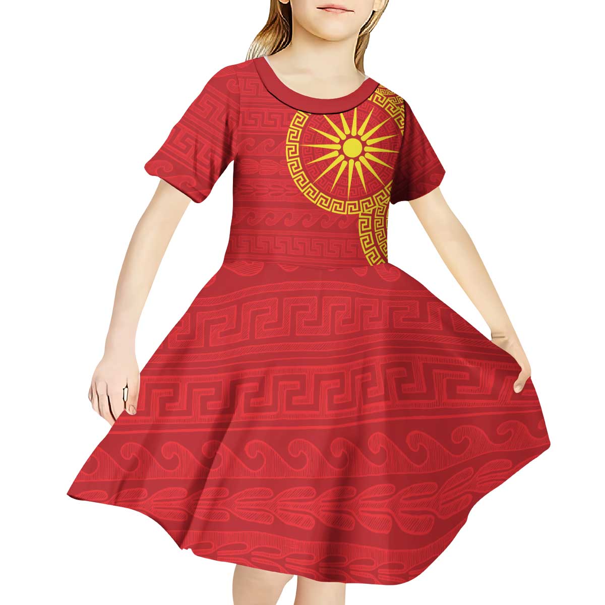 Vergina Sun Macedonia Kid Short Sleeve Dress Greek Pattern Red - Wonder Print Shop