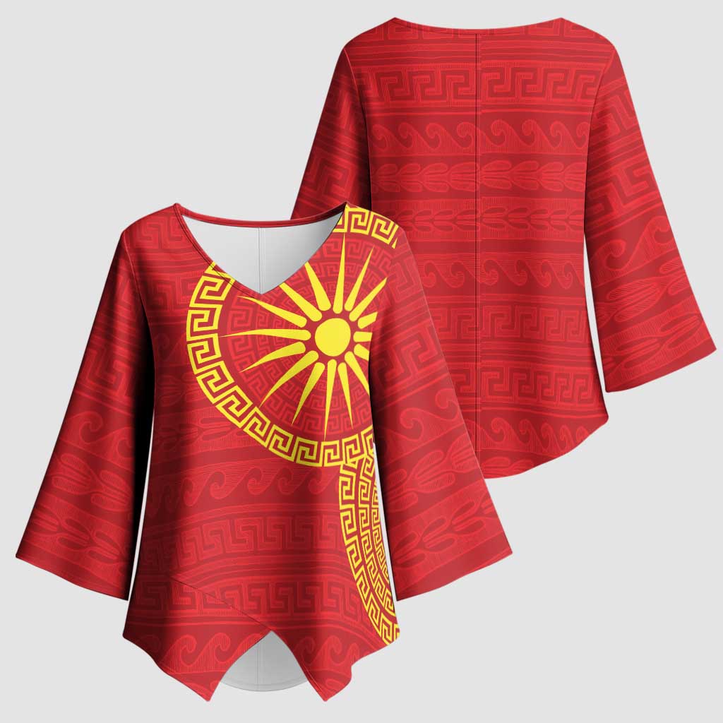 Vergina Sun Macedonia Kimono Sleeve Blouse Greek Pattern Red - Wonder Print Shop