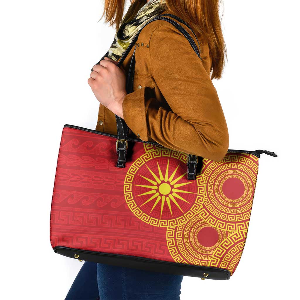 Vergina Sun Macedonia Leather Tote Bag Greek Pattern Red - Wonder Print Shop