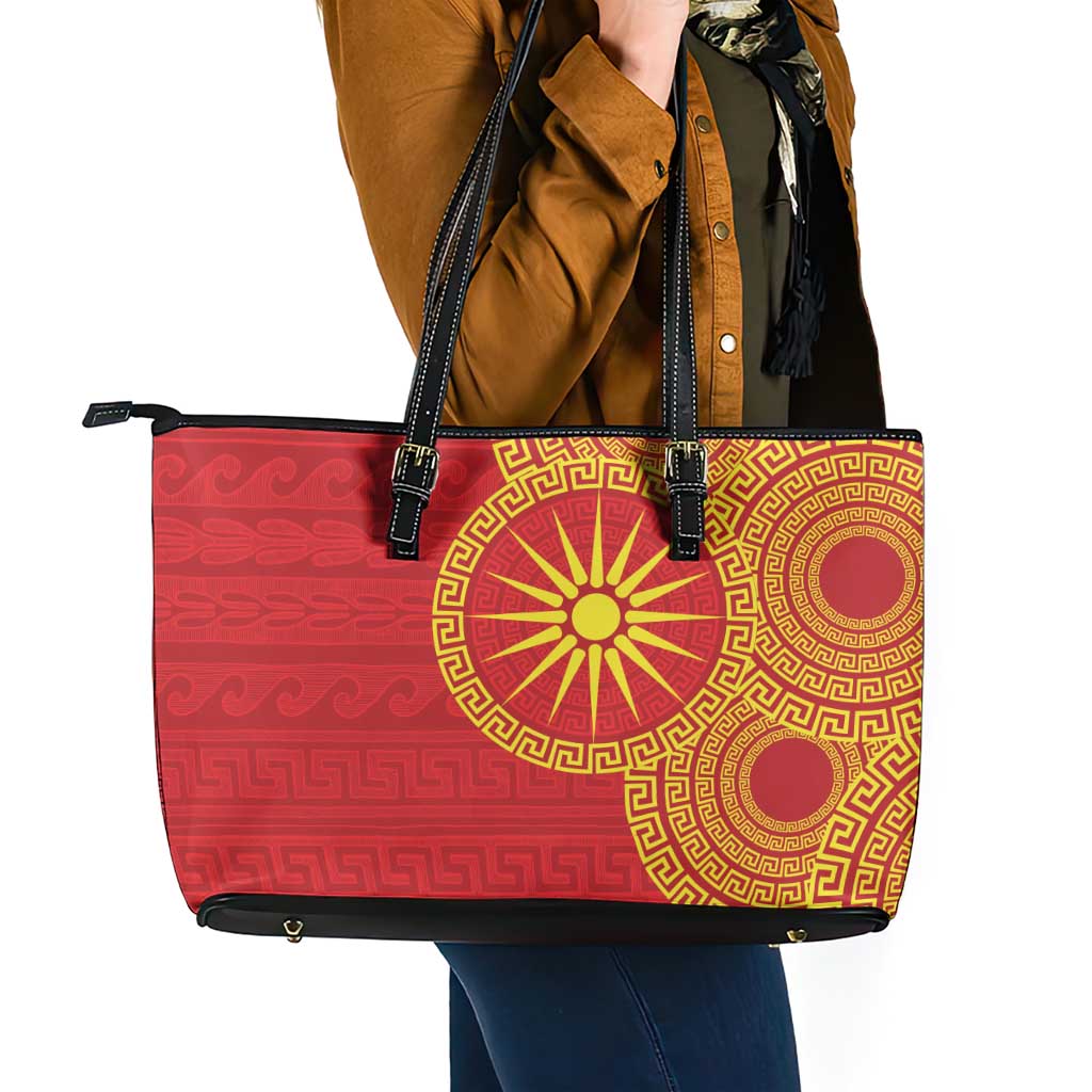 Vergina Sun Macedonia Leather Tote Bag Greek Pattern Red - Wonder Print Shop