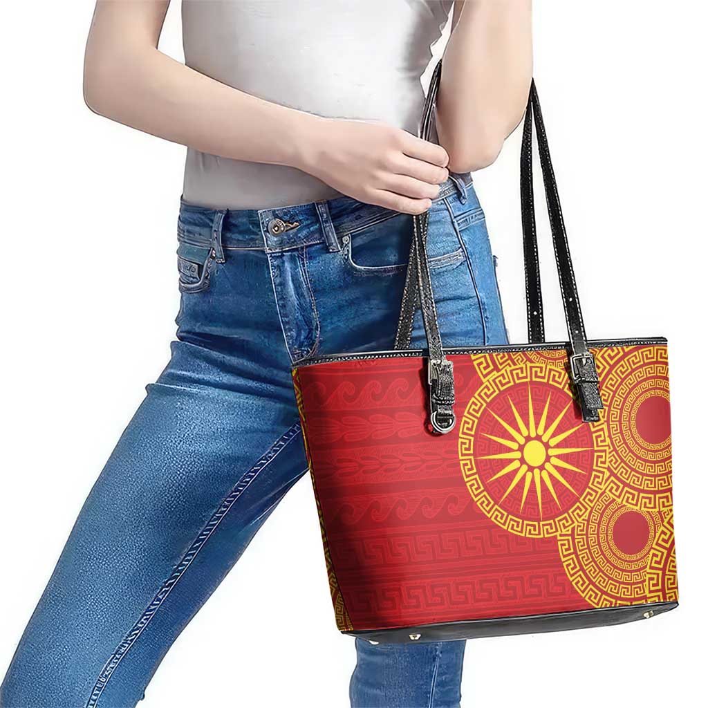 Vergina Sun Macedonia Leather Tote Bag Greek Pattern Red - Wonder Print Shop
