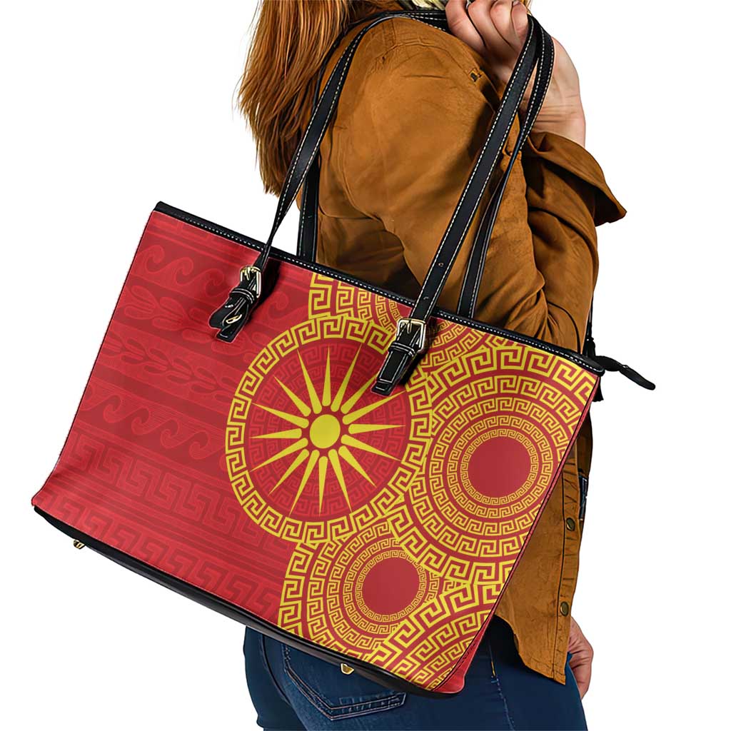 Vergina Sun Macedonia Leather Tote Bag Greek Pattern Red - Wonder Print Shop