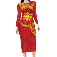 Vergina Sun Macedonia Long Sleeve Bodycon Dress Greek Pattern Red - Wonder Print Shop