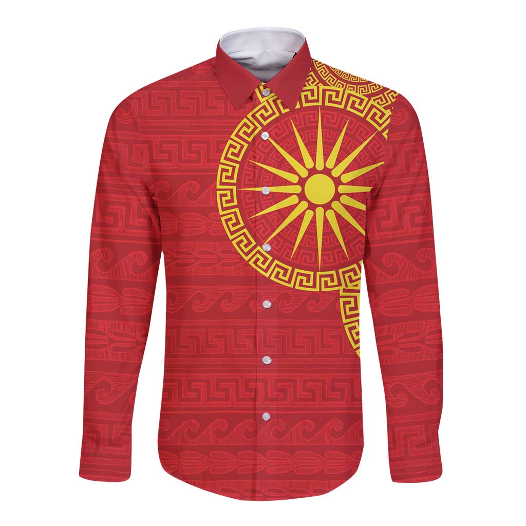 Vergina Sun Macedonia Long Sleeve Button Shirt Greek Pattern Red - Wonder Print Shop