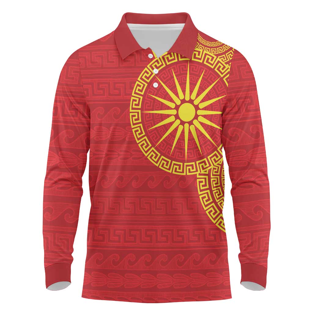 Vergina Sun Macedonia Long Sleeve Polo Shirt Greek Pattern Red - Wonder Print Shop