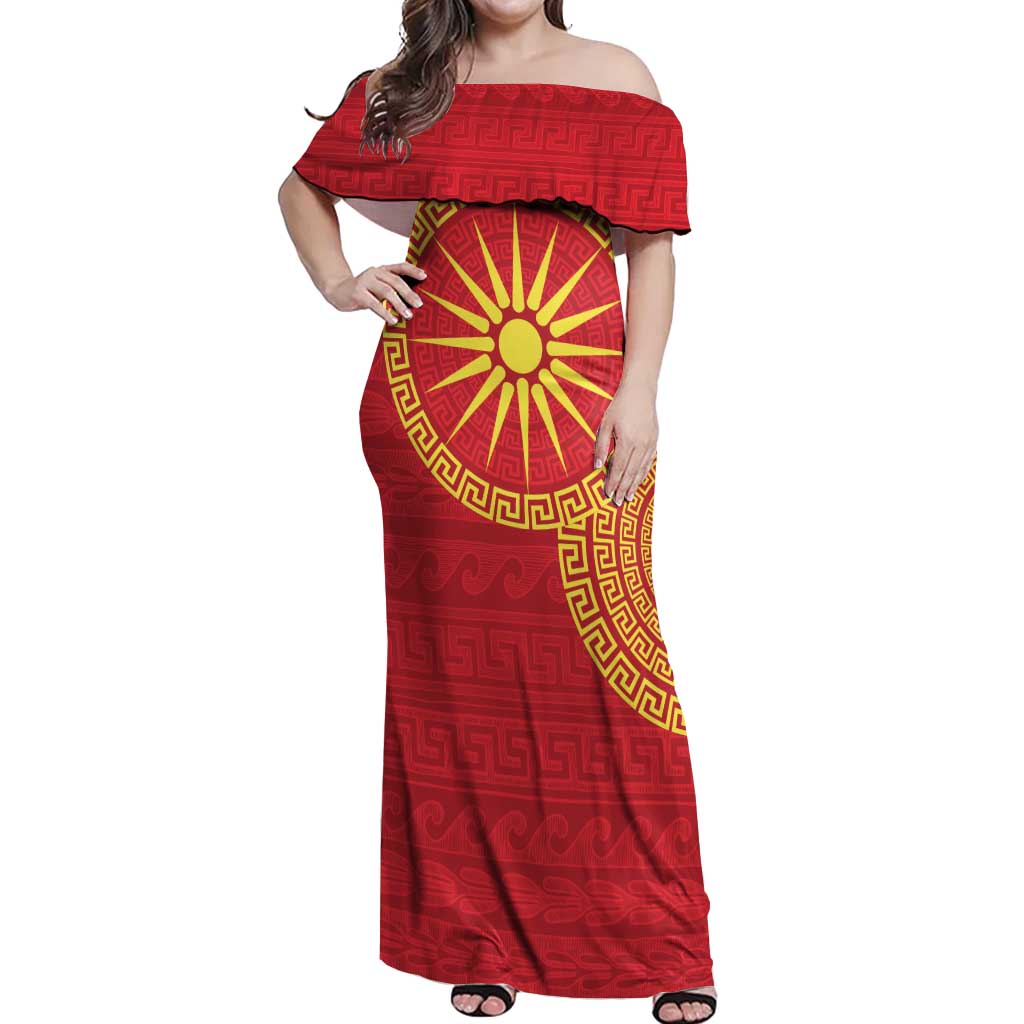 Vergina Sun Macedonia Off Shoulder Maxi Dress Greek Pattern Red - Wonder Print Shop