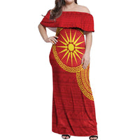 Vergina Sun Macedonia Off Shoulder Maxi Dress Greek Pattern Red - Wonder Print Shop