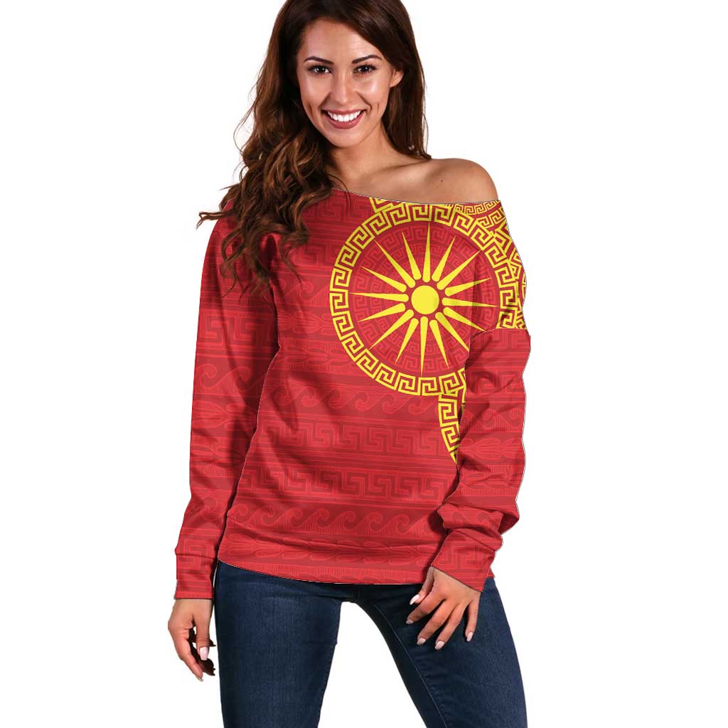 Vergina Sun Macedonia Off Shoulder Sweater Greek Pattern Red - Wonder Print Shop