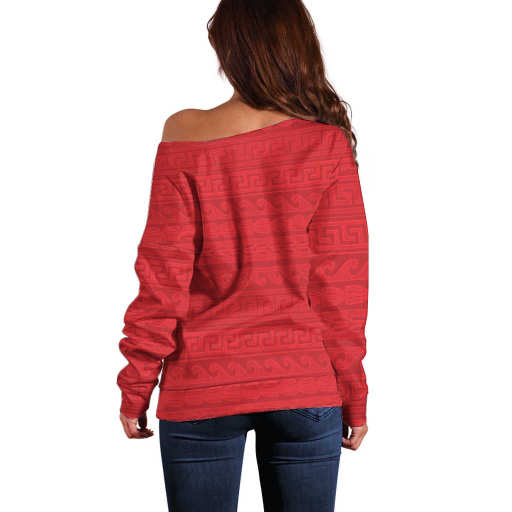 Vergina Sun Macedonia Off Shoulder Sweater Greek Pattern Red - Wonder Print Shop