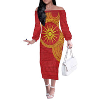 Vergina Sun Macedonia Off The Shoulder Long Sleeve Dress Greek Pattern Red - Wonder Print Shop