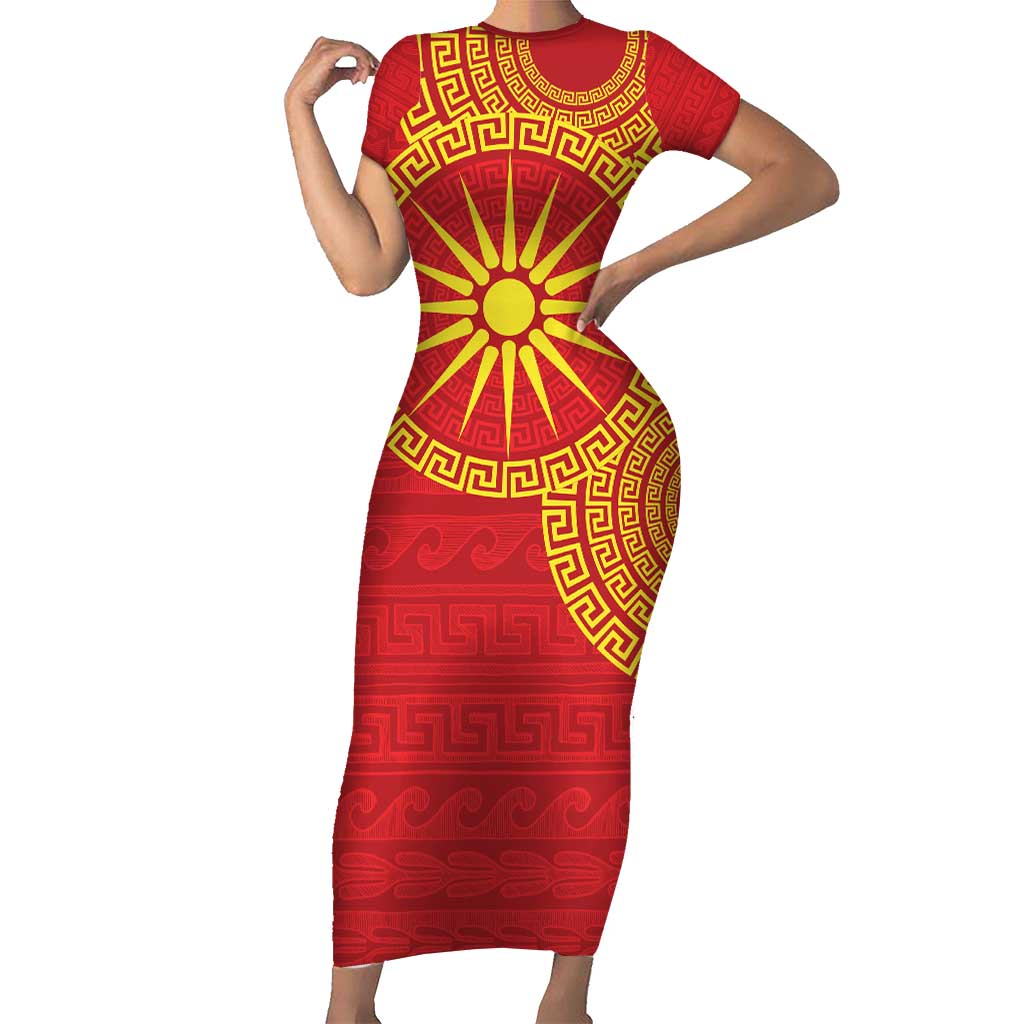 Vergina Sun Macedonia Short Sleeve Bodycon Dress Greek Pattern Red - Wonder Print Shop