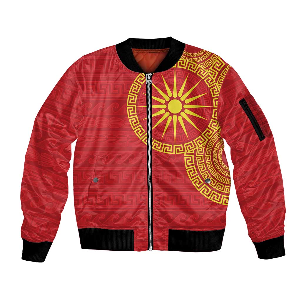 Vergina Sun Macedonia Sleeve Zip Bomber Jacket Greek Pattern Red - Wonder Print Shop