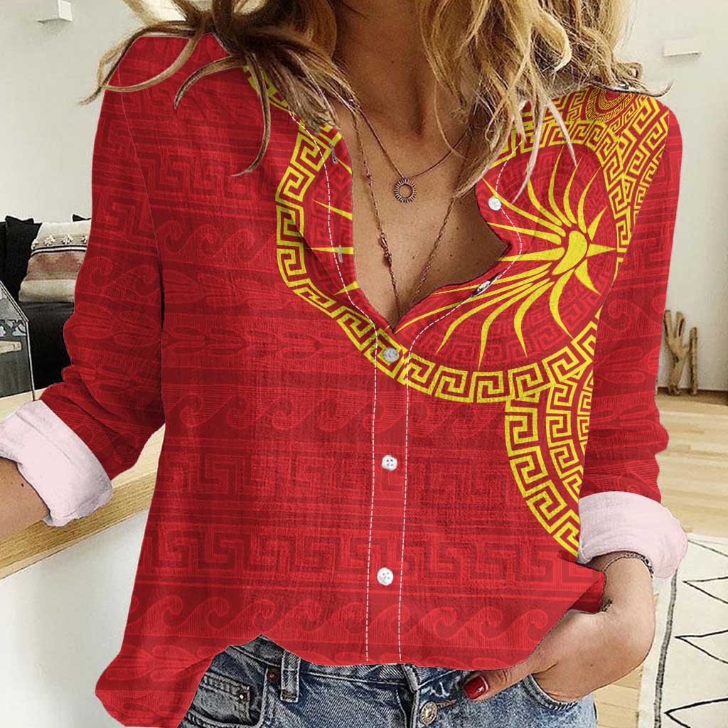 Vergina Sun Macedonia Women Casual Shirt Greek Pattern Red - Wonder Print Shop