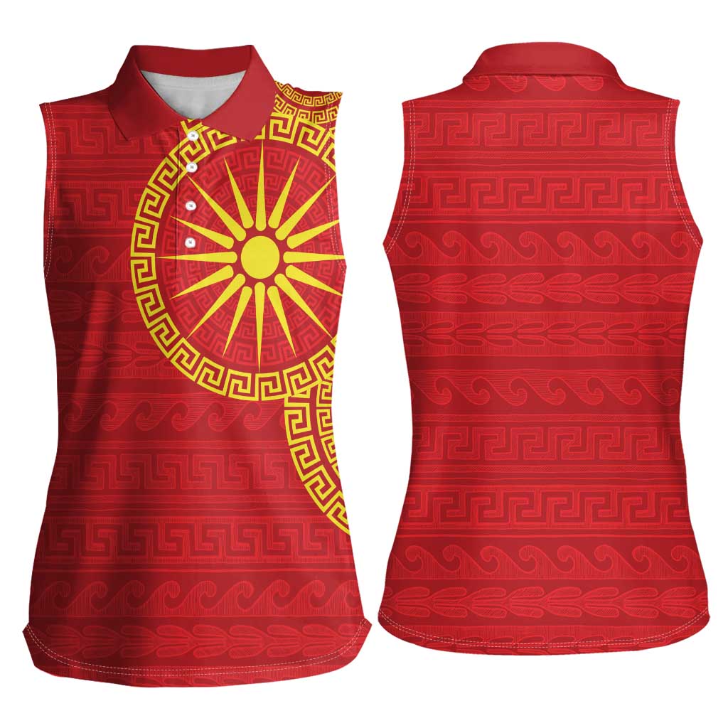 Vergina Sun Macedonia Women Sleeveless Polo Shirt Greek Pattern Red - Wonder Print Shop