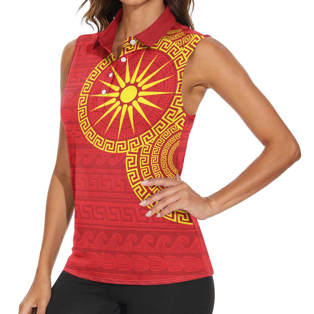 Vergina Sun Macedonia Women Sleeveless Polo Shirt Greek Pattern Red - Wonder Print Shop