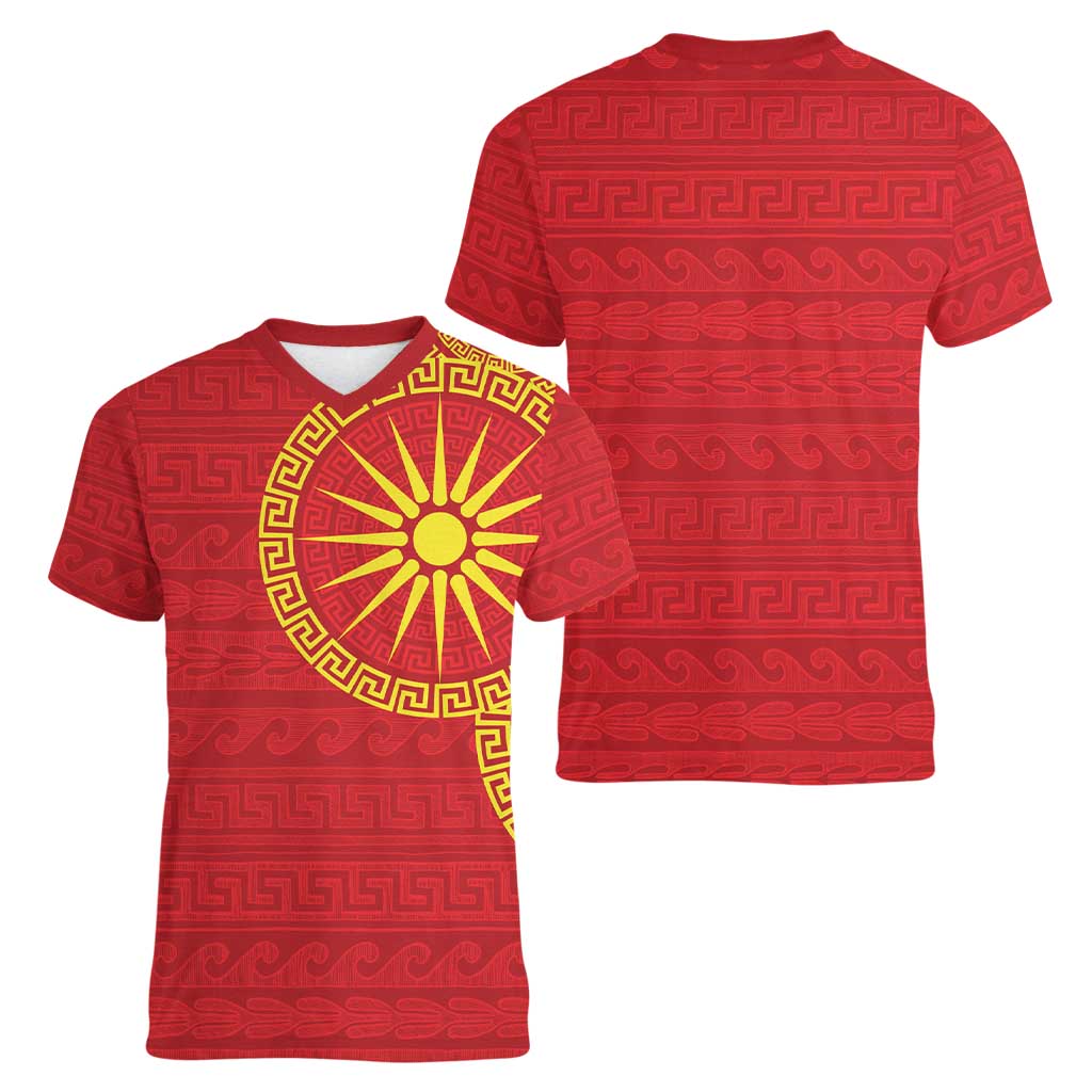 Vergina Sun Macedonia Women V-Neck T-Shirt Greek Pattern Red - Wonder Print Shop