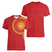 Vergina Sun Macedonia Women V-Neck T-Shirt Greek Pattern Red - Wonder Print Shop