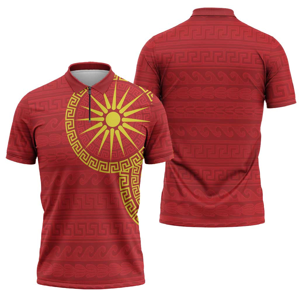 Vergina Sun Macedonia Zipper Polo Shirt Greek Pattern Red - Wonder Print Shop