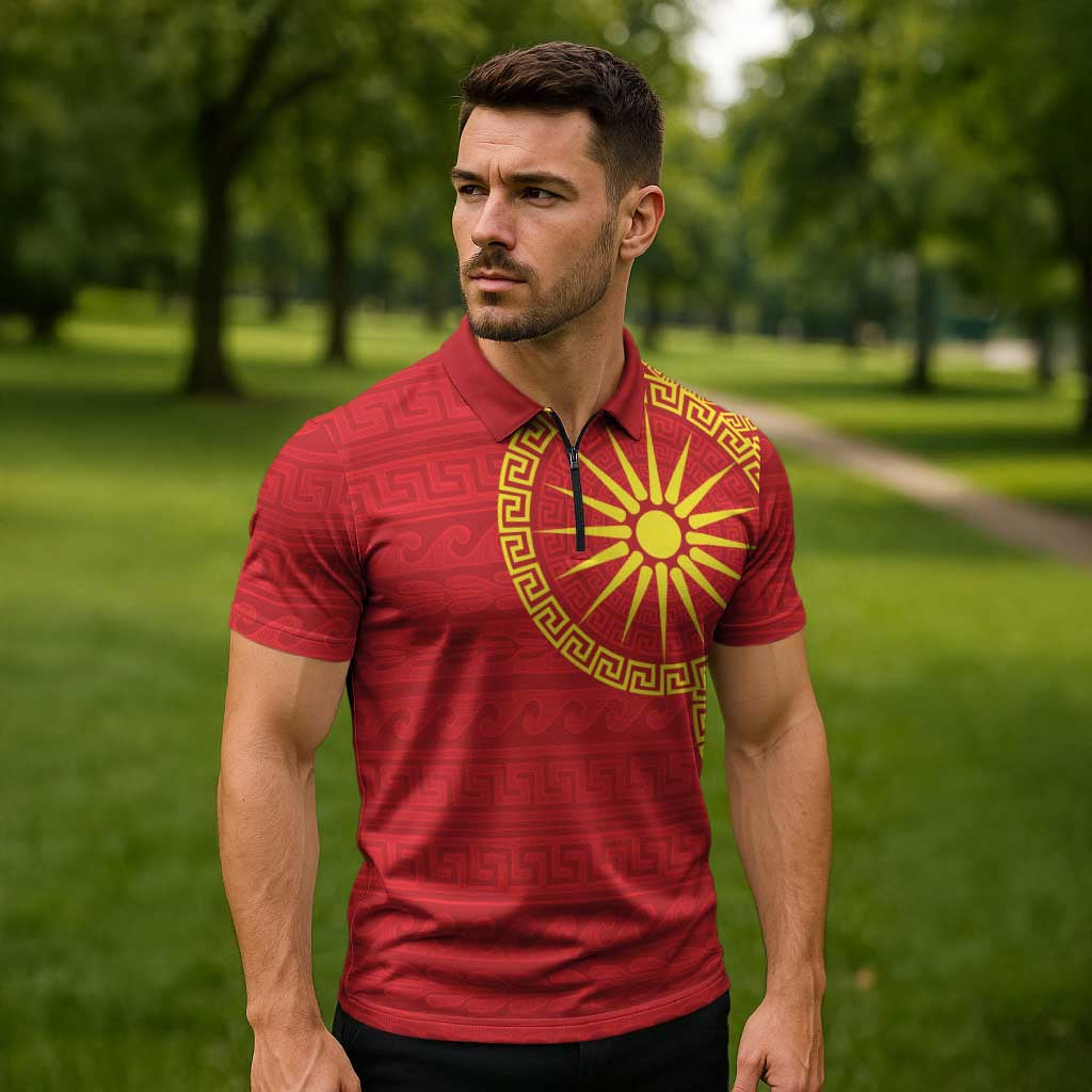 Vergina Sun Macedonia Zipper Polo Shirt Greek Pattern Red - Wonder Print Shop