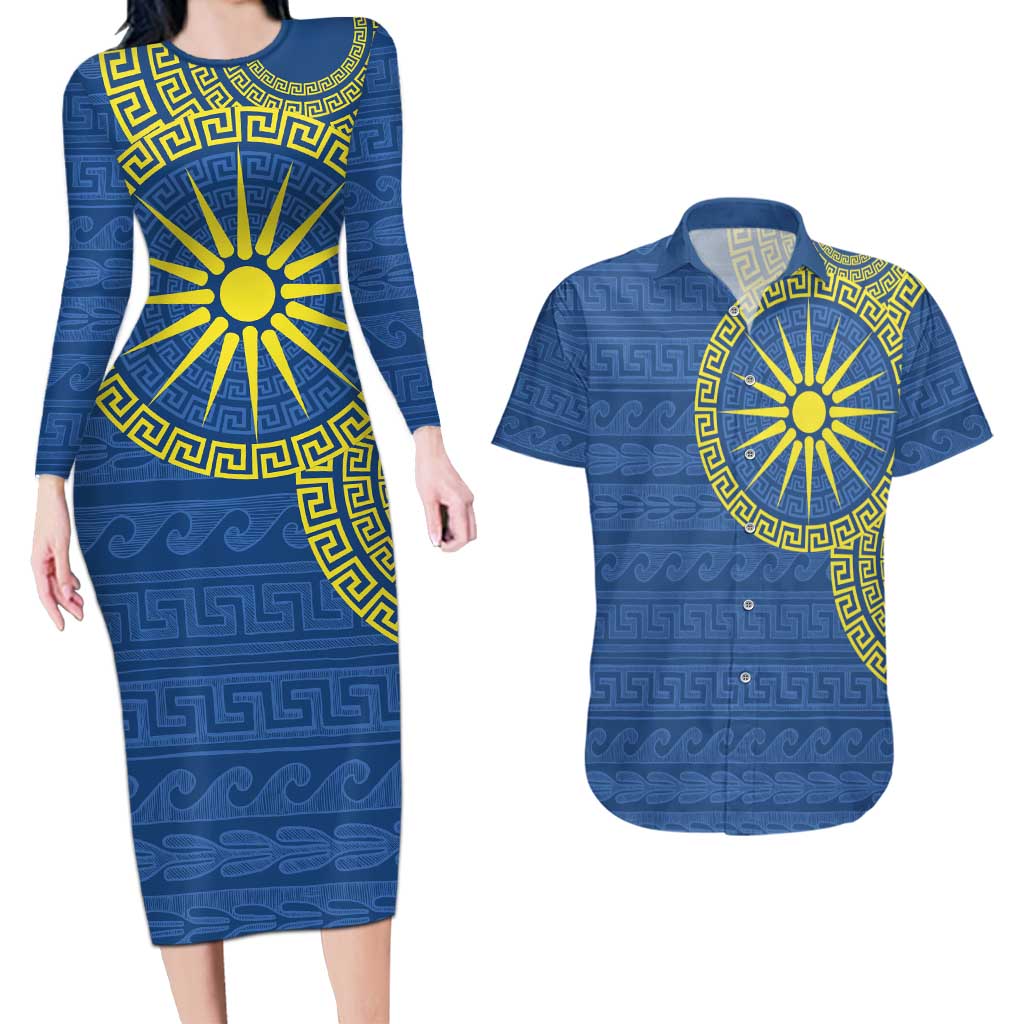 Vergina Sun Macedonia Couples Matching Long Sleeve Bodycon Dress and Hawaiian Shirt Greek Pattern Blue - Wonder Print Shop