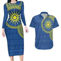 Vergina Sun Macedonia Couples Matching Long Sleeve Bodycon Dress and Hawaiian Shirt Greek Pattern Blue - Wonder Print Shop