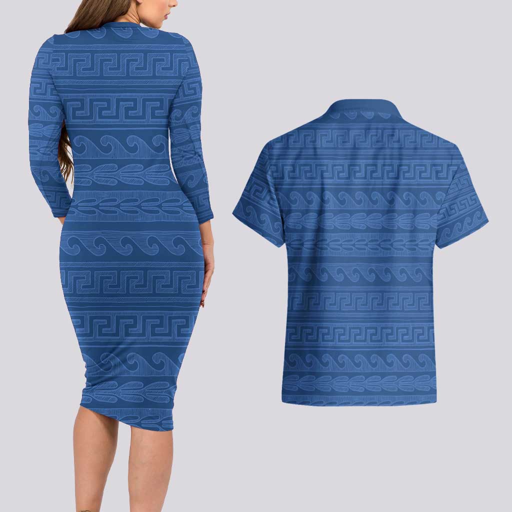 Vergina Sun Macedonia Couples Matching Long Sleeve Bodycon Dress and Hawaiian Shirt Greek Pattern Blue - Wonder Print Shop