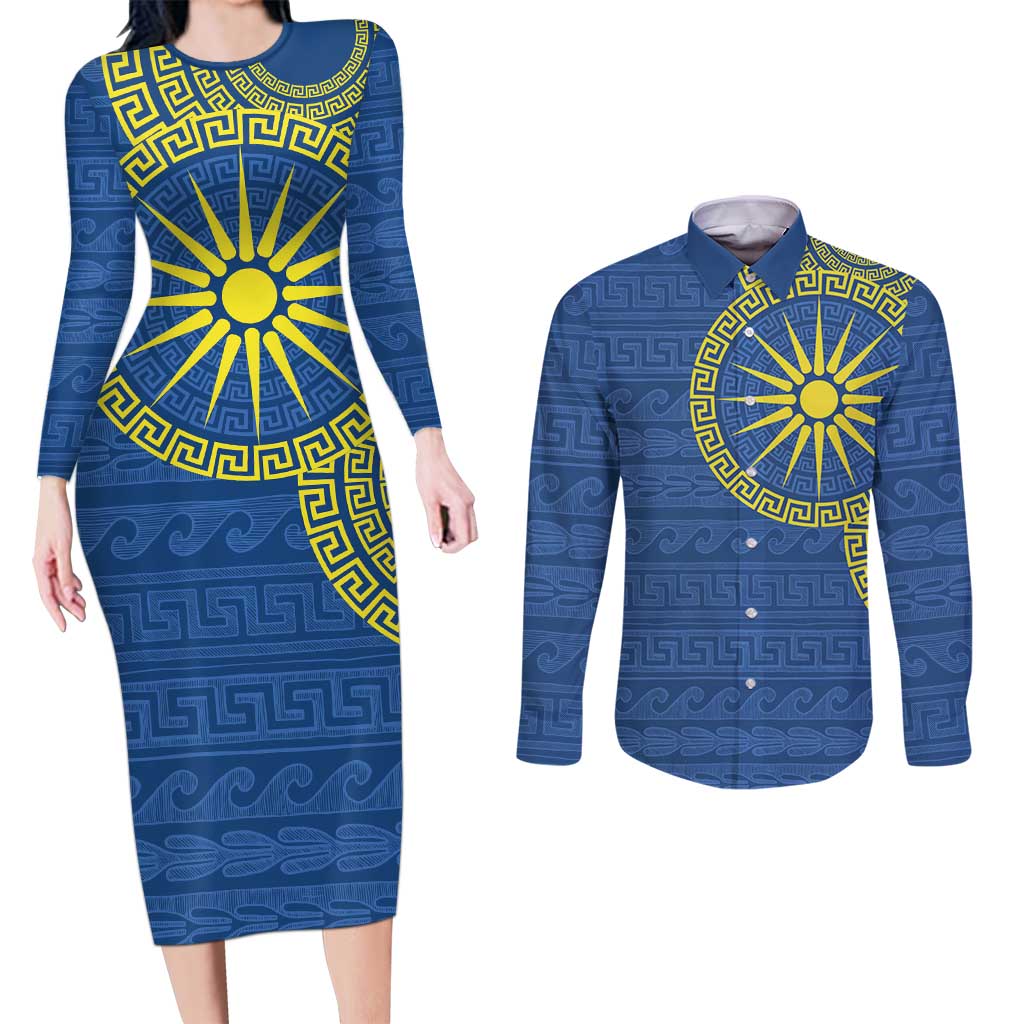 Vergina Sun Macedonia Couples Matching Long Sleeve Bodycon Dress and Long Sleeve Button Shirt Greek Pattern Blue - Wonder Print Shop