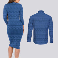 Vergina Sun Macedonia Couples Matching Long Sleeve Bodycon Dress and Long Sleeve Button Shirt Greek Pattern Blue - Wonder Print Shop