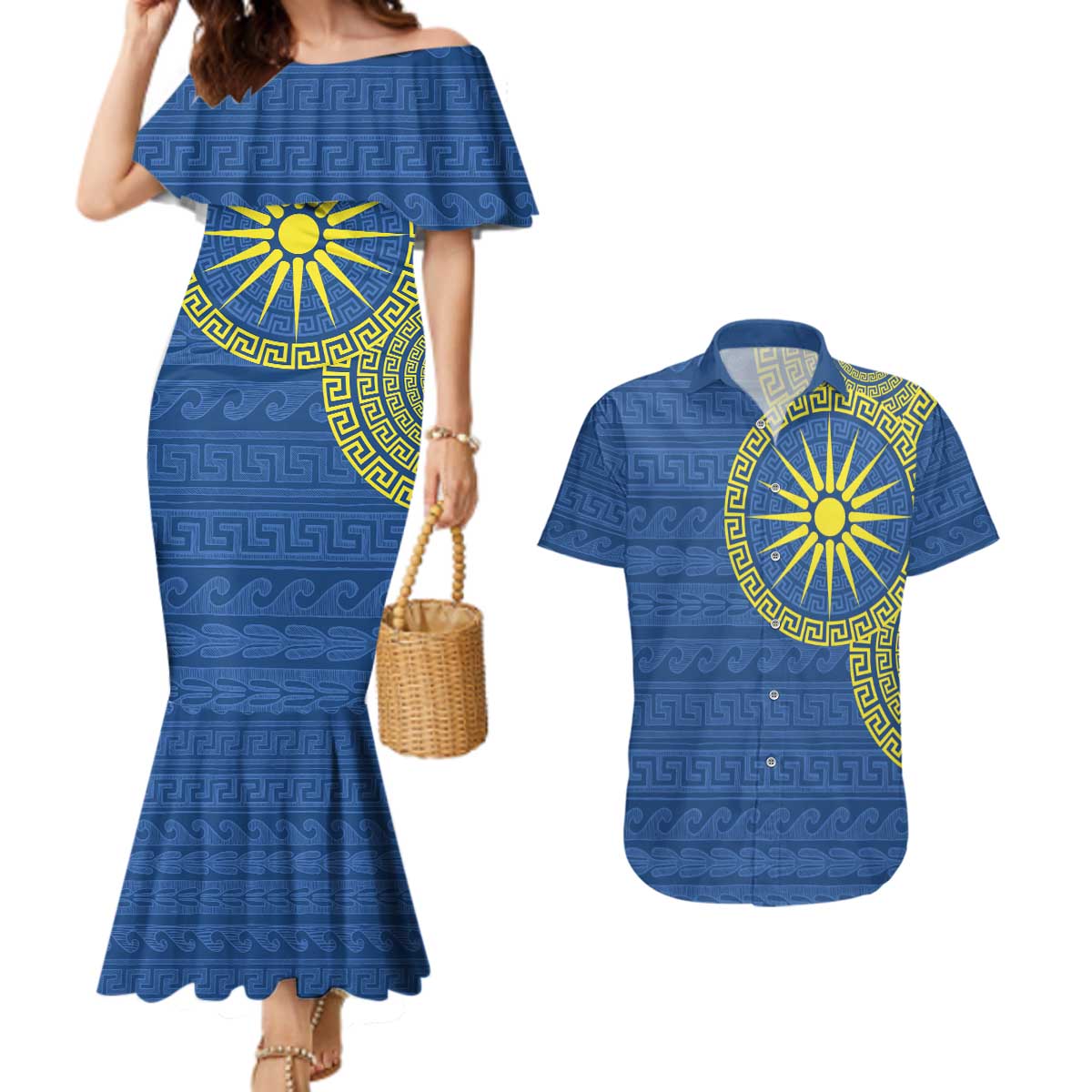 Vergina Sun Macedonia Couples Matching Mermaid Dress and Hawaiian Shirt Greek Pattern Blue - Wonder Print Shop