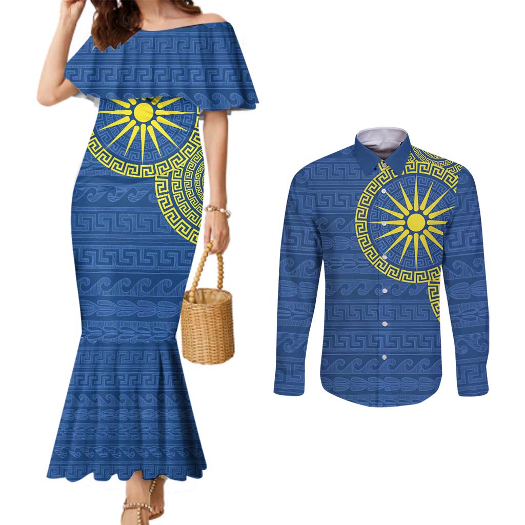 Vergina Sun Macedonia Couples Matching Mermaid Dress and Long Sleeve Button Shirt Greek Pattern Blue - Wonder Print Shop