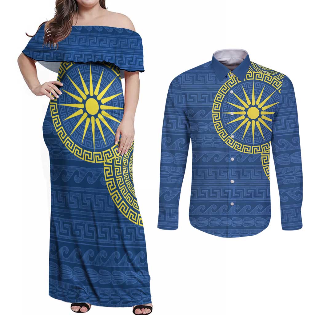 Vergina Sun Macedonia Couples Matching Off Shoulder Maxi Dress and Long Sleeve Button Shirt Greek Pattern Blue - Wonder Print Shop