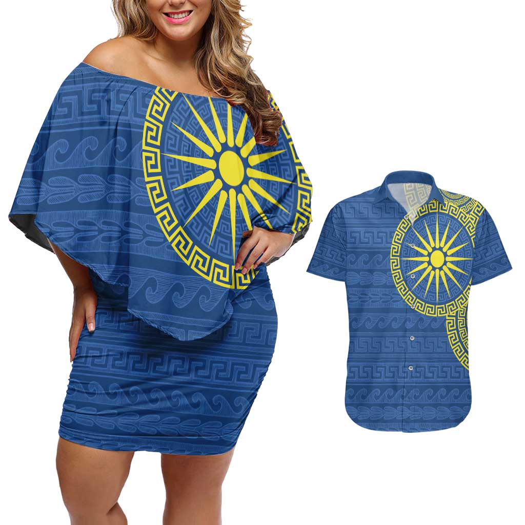 Vergina Sun Macedonia Couples Matching Off Shoulder Short Dress and Hawaiian Shirt Greek Pattern Blue - Wonder Print Shop