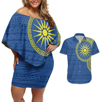 Vergina Sun Macedonia Couples Matching Off Shoulder Short Dress and Hawaiian Shirt Greek Pattern Blue - Wonder Print Shop
