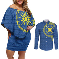 Vergina Sun Macedonia Couples Matching Off Shoulder Short Dress and Long Sleeve Button Shirt Greek Pattern Blue - Wonder Print Shop
