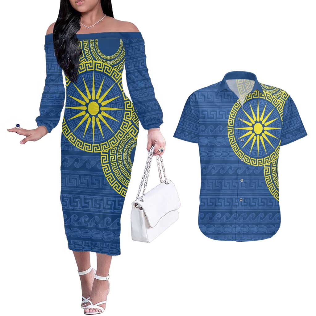 Vergina Sun Macedonia Couples Matching Off The Shoulder Long Sleeve Dress and Hawaiian Shirt Greek Pattern Blue - Wonder Print Shop