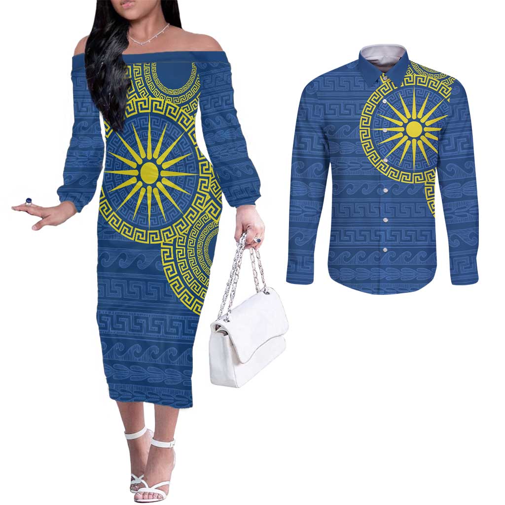 Vergina Sun Macedonia Couples Matching Off The Shoulder Long Sleeve Dress and Long Sleeve Button Shirt Greek Pattern Blue - Wonder Print Shop